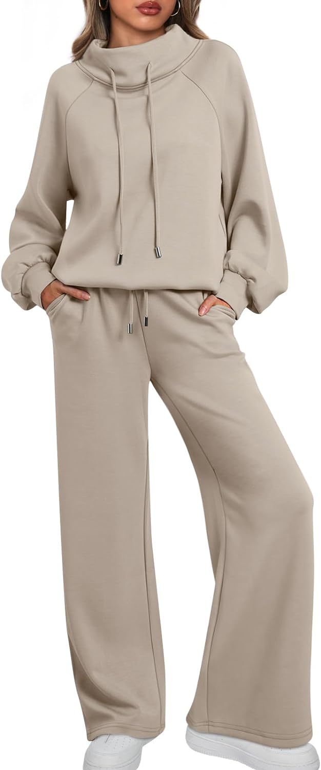 Lounge Sets for Women Sweatsuits 2 Piece Outfits 2026 Fall Drawstring Sweatshirt Wide Leg Sweatpants Tracksuit