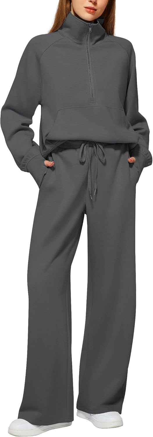Women's 2 Piece Outfits Lounge Set 2026 Oversized Half Zip Sweatshirt Wide Leg Sweatpant Set Sweatsuit Tracksuit