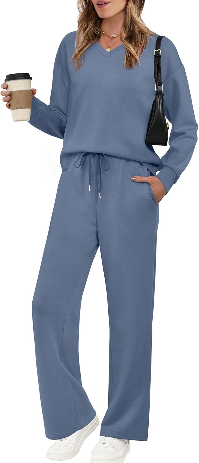 Lounge Sets for Women 2026 V Neck 2 Piece Outfits Airport Wide Leg Pants Matching Set Sweatsuits