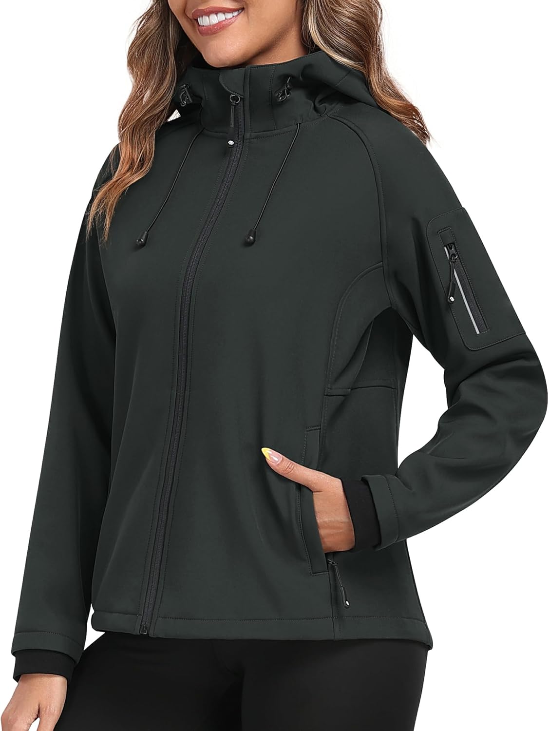 Women's Fleece Lined Softshell Jacket Hooded Windproof Lightweight Insulated Jacket Full Zip Warm Coat