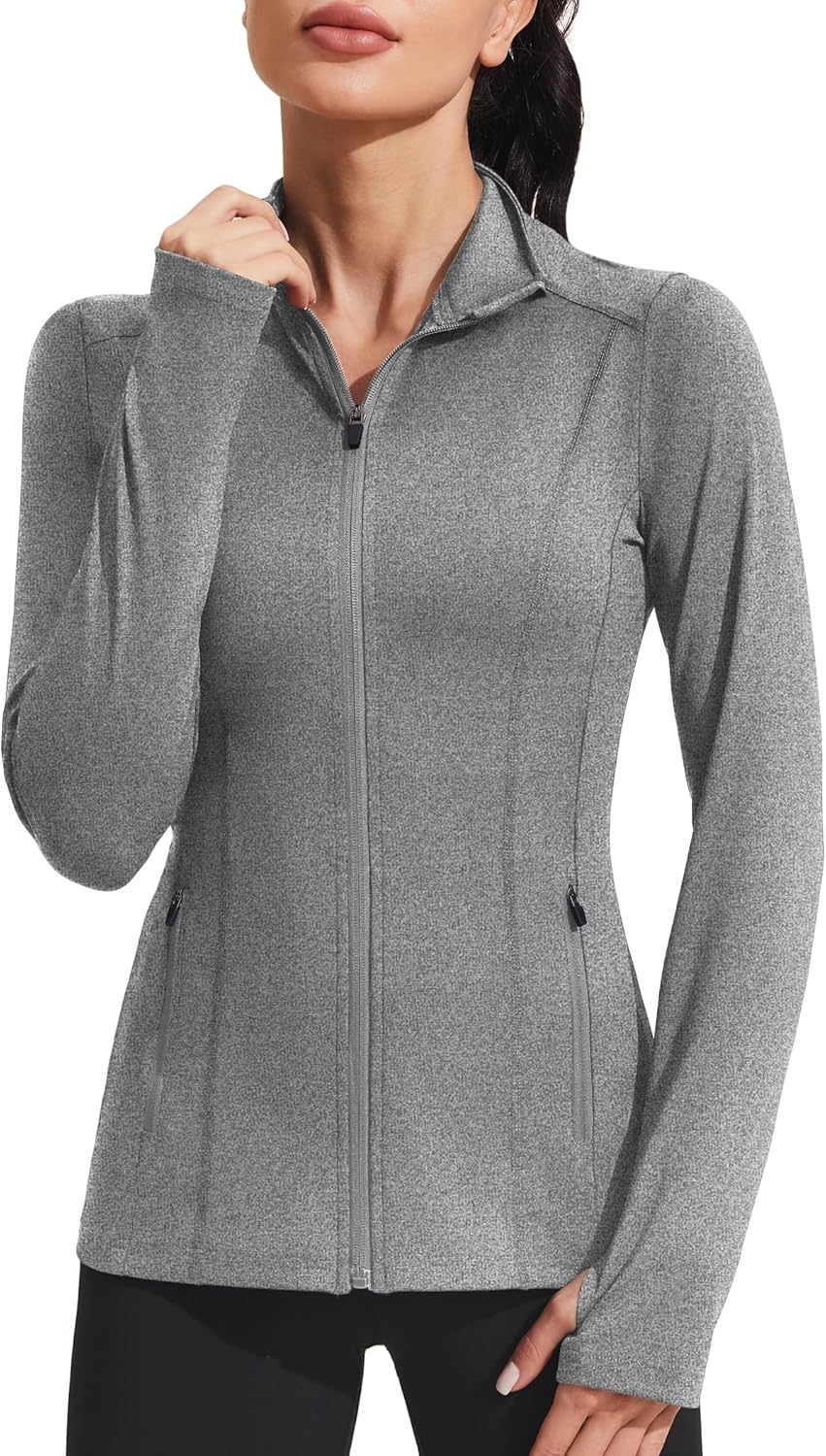 Women's Athletic Jackets Slim Fit Workout Jacket Full Zip Up Running Gym Yoga Sports Tops with Pockets